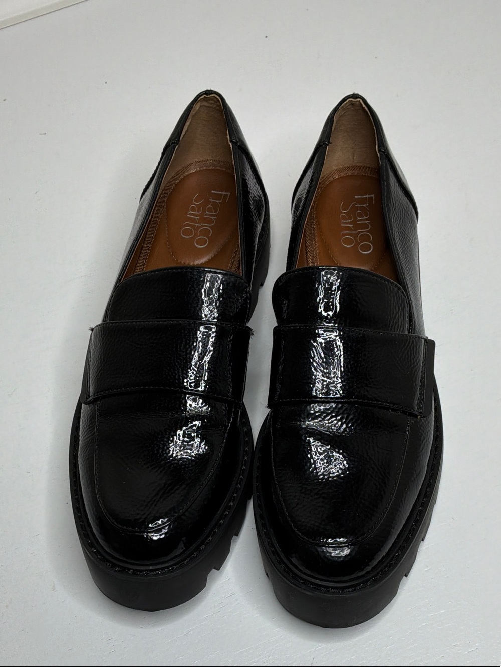 Franco Sarto Brindy Chunky Lug Sole Black Patent Leather Loafers 7.5